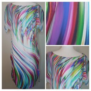 Milly Silk Dress Sz 8 Multicolor Shift Style Swirl Print w Rouched Side Hem $345